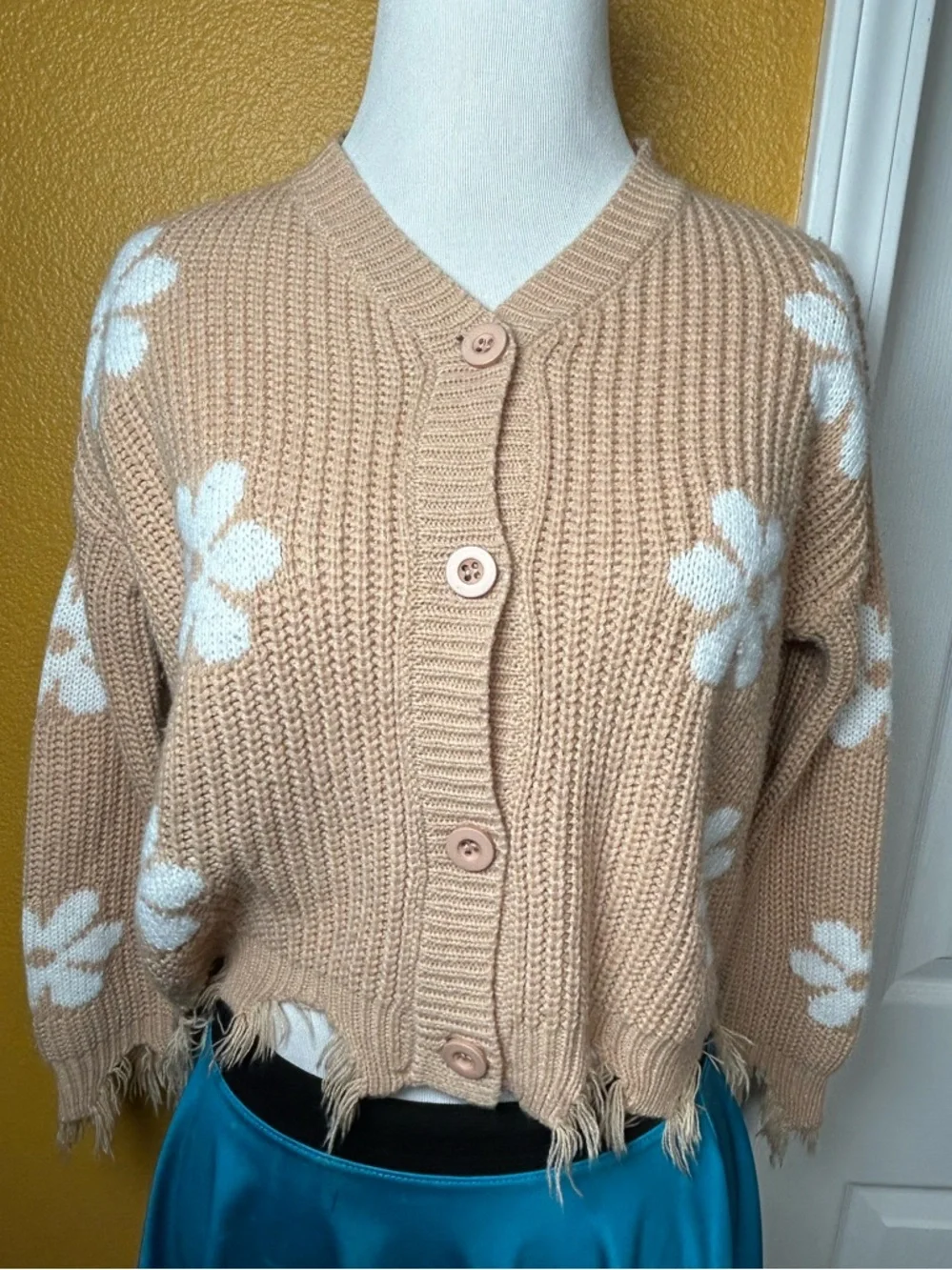 Cool Chick, BELLE du JOUR, distressed flower cardigan!!